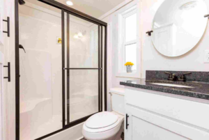 Sedona tiny home bathroom with glass walk-in shower.