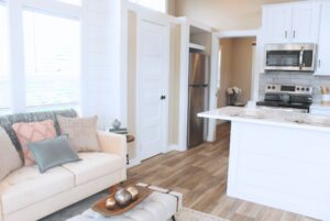 Sunset Retreat tiny home kitchen and living area.