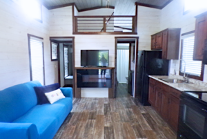Tiny home open concept living area and kitchen.