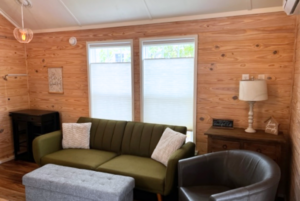 Living room interior with shiplap walls.