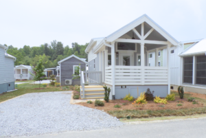 Tiny home exterior with covered front porch.