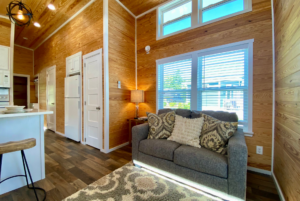 living room space in tiny home floorplan in nc