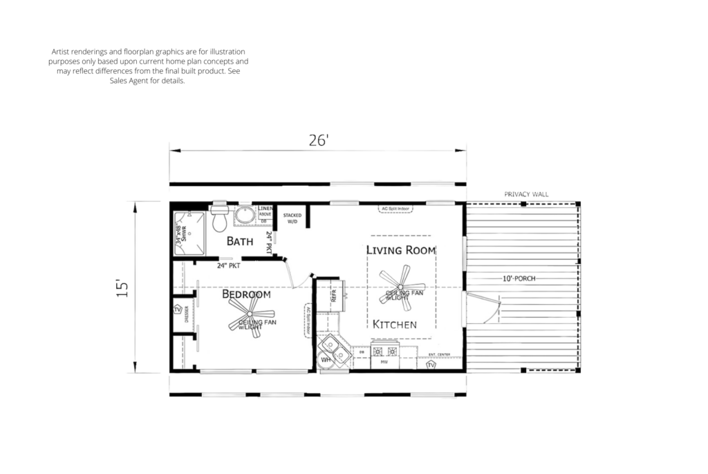 Architectural floor plan of a small apartment featuring a bedroom, bathroom, kitchen, and living room, labeled with dimensions and fixtures.