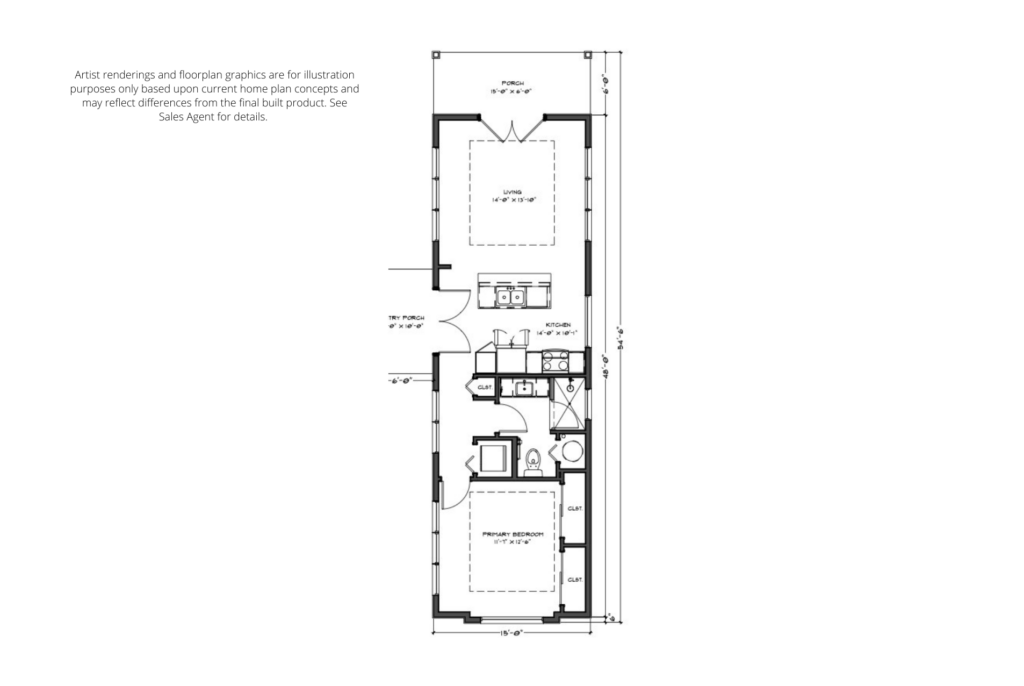 Architectural floor plan of a narrow house featuring labeled rooms including a bedroom, bathroom, kitchen, and living area from top to bottom.