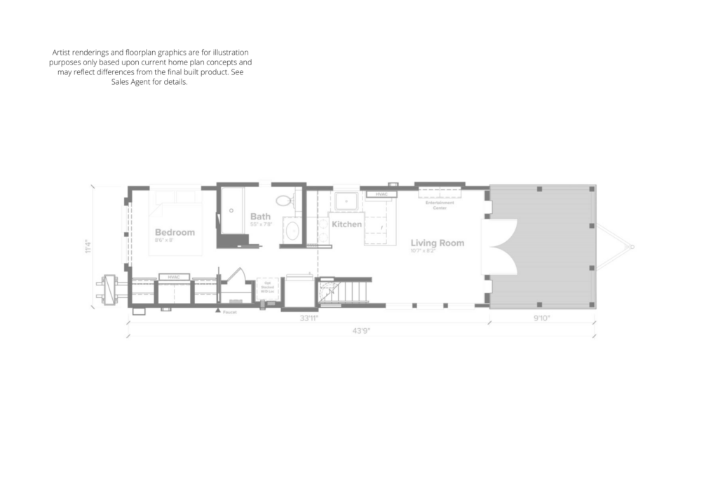 Architectural blueprint of a long narrow house, showing layout with bedroom, bath, kitchen, and living room, with dimensions included.