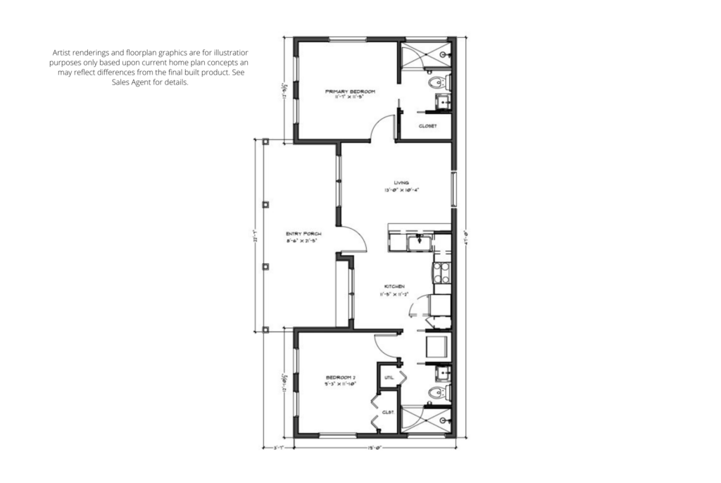 Architectural floor plan of a house with labeled rooms and dimensions, including living room, kitchen, and bedrooms.