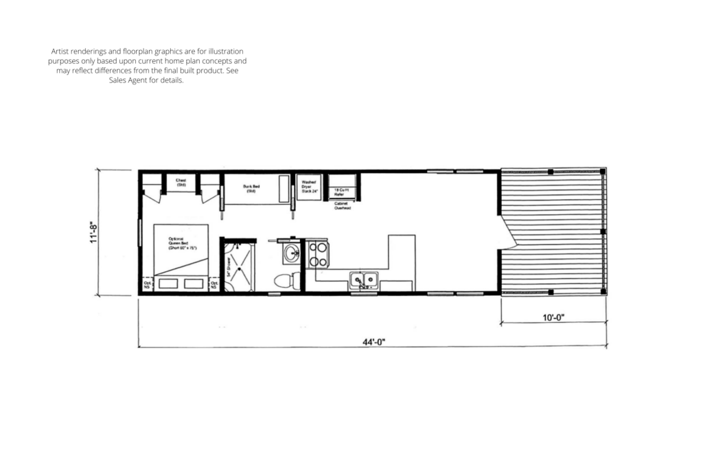 Architectural floor plan of a narrow residence featuring a living room, kitchen, bathroom, and two bedrooms, with dimensions detailed.
