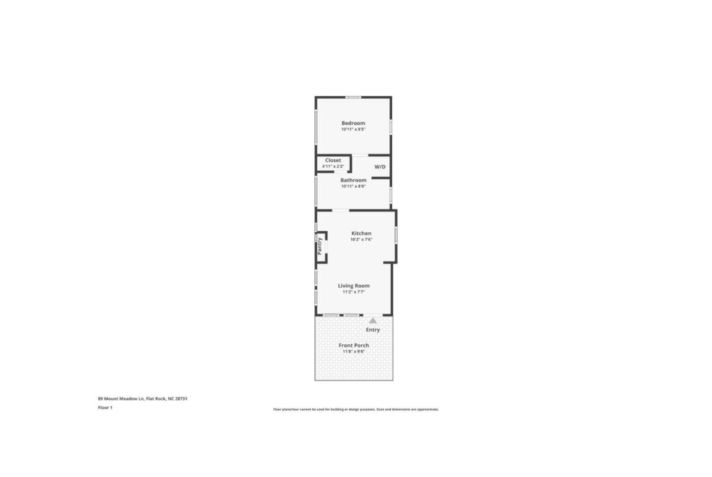 Floor plan with a porch, entry, living room, kitchen, bathroom, closet, and bedroom arranged in a straight line.