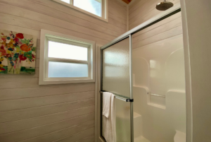 Walk-in shower in tiny home bathroom with multiple windows.