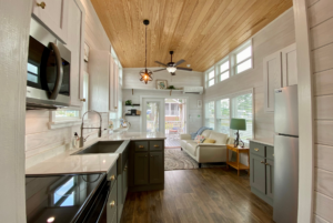 Open concept living space in tiny home.