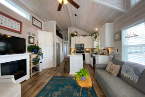 open concept living room and kitchen in tiny home.