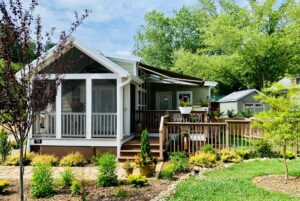 2 bed tiny home in nc community with deck shed and landscape.