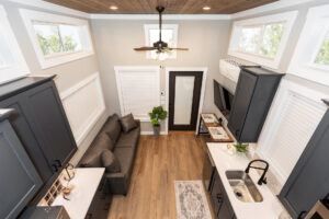 Tannehill living room view from loft space in tiny home for sale in nc