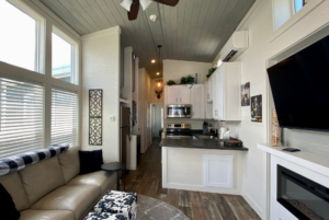 View of tiny home kitchen with open space layout