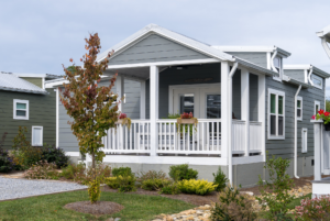 Front of tiny home with 2 bedroom and large screened in porch.