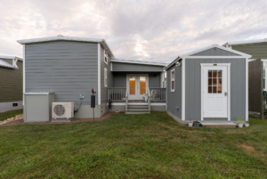 View of the home and shed for the backyard.