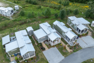 View of tiny home for sale in north carolina from above. This house is located in a tiny home community.