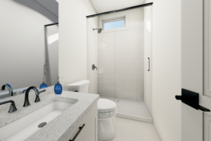 Bathroom view of tiny home with walk in shower