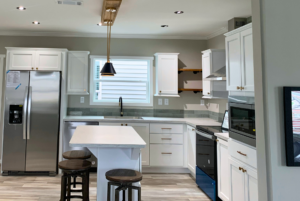 kitchen island and eat in bar in cottage home