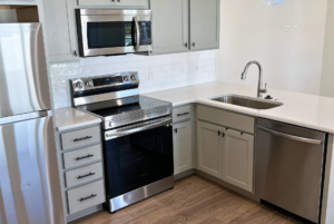 Kitchen with high quality cabinets, quartz countertops and backsplash