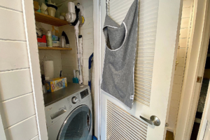 Laundry appliance in closet of tiny home