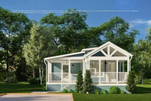 A small blue and white house with a front porch surrounded by trees and greenery on a sunny day.