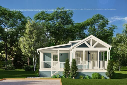 A small blue and white house with a front porch surrounded by trees and greenery on a sunny day.