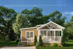 A small yellow house with a white porch and railing, surrounded by trees and greenery on a sunny day.