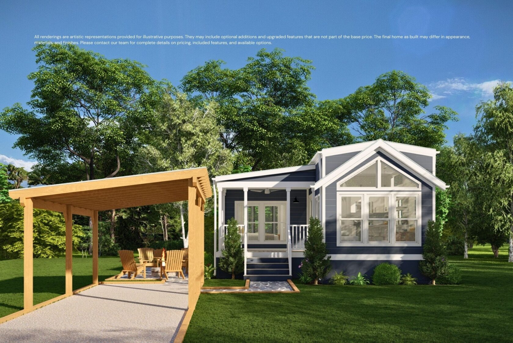 A small modern house with large windows, a front porch, and a wooden carport in a green, landscaped yard.