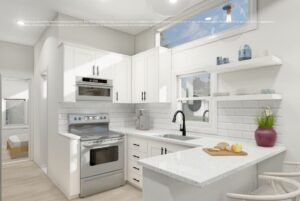 Bright modern kitchen with white cabinets, stainless steel appliances, and a vase with flowers on the counter.