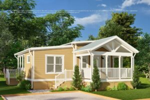 A small beige house with white trim, a front porch, and surrounded by green trees and bushes.