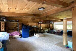 Cozy loft room on Just Wandering Lane with wood walls, carpet, low ceiling, beds, cat tree, and a sewing desk.