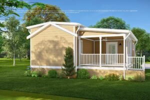A tan manufactured home with a white porch and trim, surrounded by green grass, trees, and shrubs.