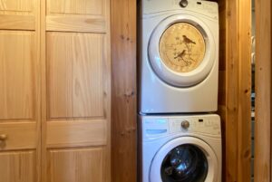 Stacked washer and dryer in a wooden closet on Just Wandering Lane; dryer door features a round bird design.