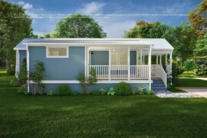Light blue manufactured home with a white porch, surrounded by green grass, shrubs, and trees on a sunny day.