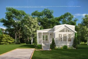 A small white cottage with a porch sits in a green yard with trees and a stone path leading to the entrance.