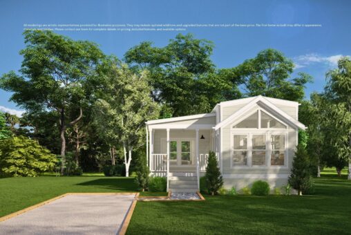 A small white cottage with a porch sits in a green yard with trees and a stone path leading to the entrance.