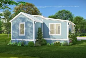 Light blue manufactured home with white trim, surrounded by green grass, trees, and small garden plants.