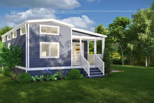 A modern tiny house with a porch, surrounded by green grass, trees, and garden plants on a sunny day.