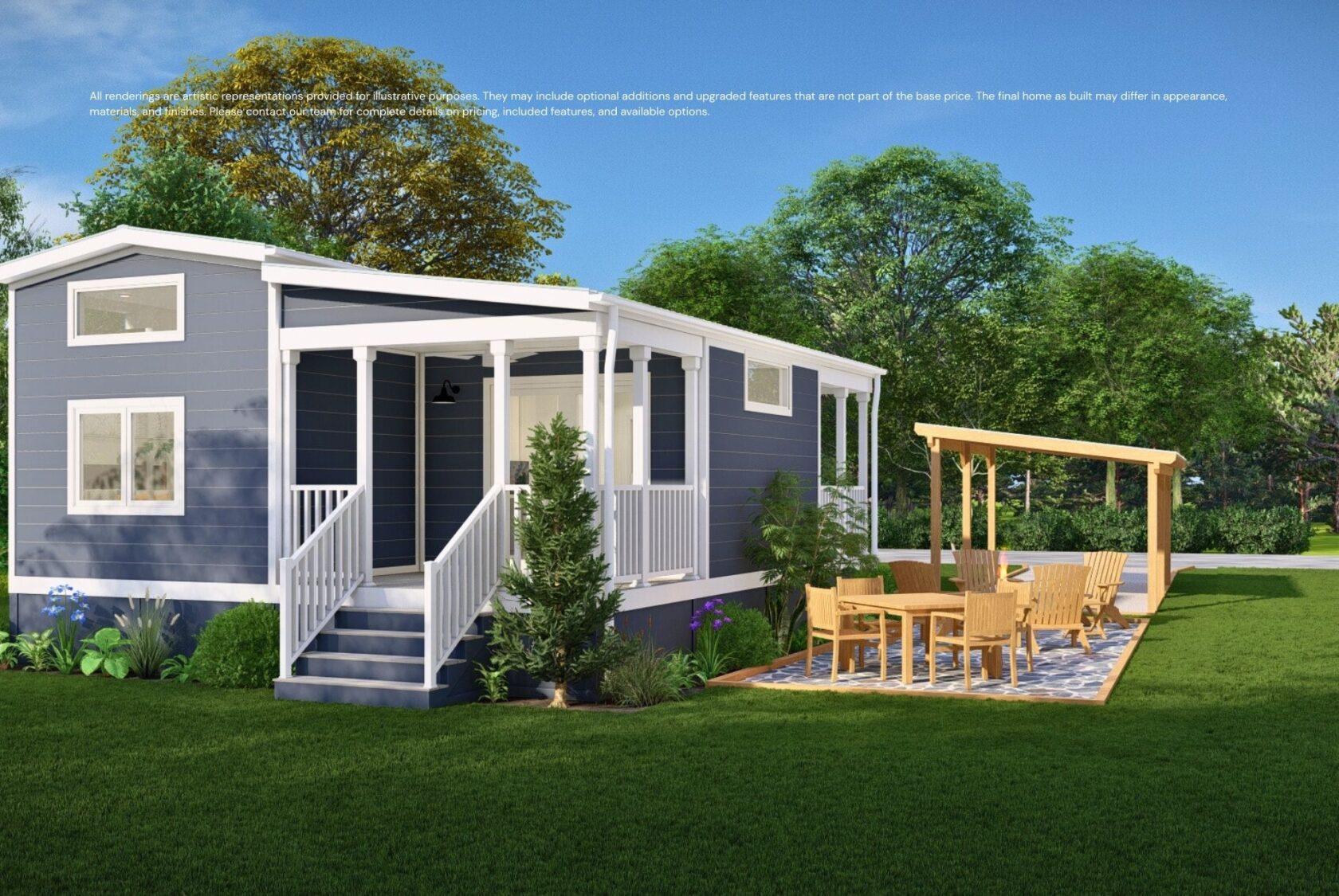 Modern tiny house with gray siding, white trim, and a porch; outdoor dining area with wooden furniture nearby.