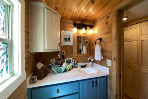 Wood-paneled bathroom on Just Wandering Lane with blue vanity, white sink, mirror, and decorative lights above.