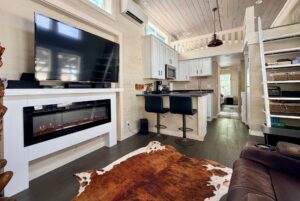 Cozy tiny home interior at Two Swans Lane with TV, electric fireplace, cowhide rug, kitchen, and loft above.