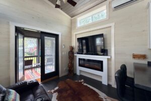 Modern living room at Two Swans Lane with TV above electric fireplace, cowhide rug, and glass doors to screened porch.