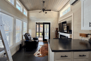Modern tiny house living room at 30 Two Swans Lane with leather recliner, TV, cowhide rug, and bright windows.