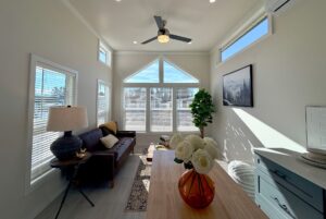 Bright, modern living room with large windows, a sofa, and a plant, filled with natural light.
