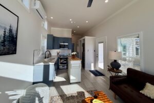 Modern, sunlit kitchen and living area with blue cabinets, white walls, and cozy seating.