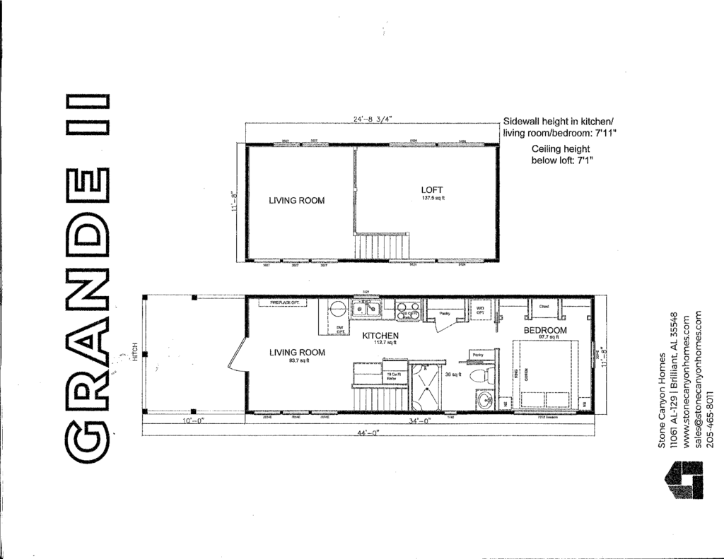 Floor plan for Grande II tiny home at 44 Skipping Stone Lane with living room, kitchen, bedroom, and loft space.
