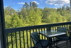 A glass table with two chairs on a porch at Mount Meadow Lane overlooks a lush green landscape under a blue sky.