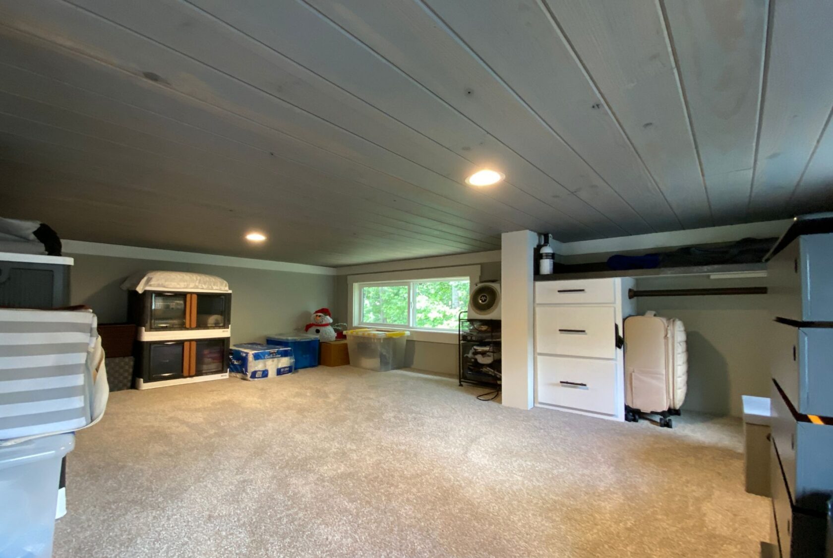 Carpeted attic storage room with shelves and bins on Just Wandering Lane; bright, organized, and tidy space.