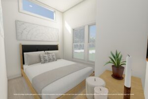 A small, bright bedroom with a bed, large window, artwork above the headboard, and a plant on a dresser.